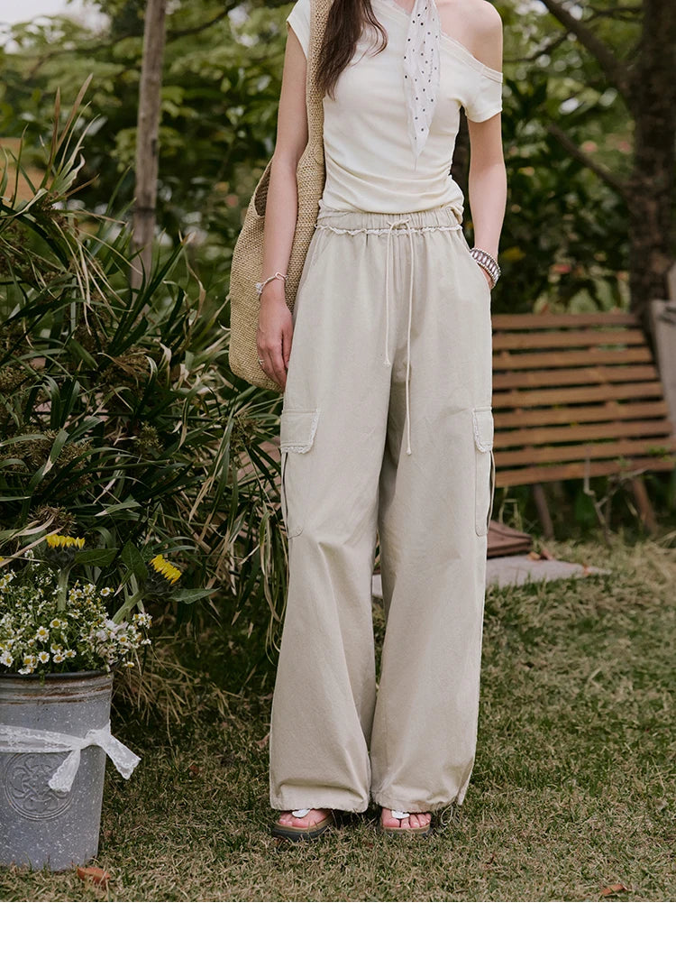 MISHOW Apricot Cargo Pants Lace Patchwork Drawstring Elastic MXE33K0935