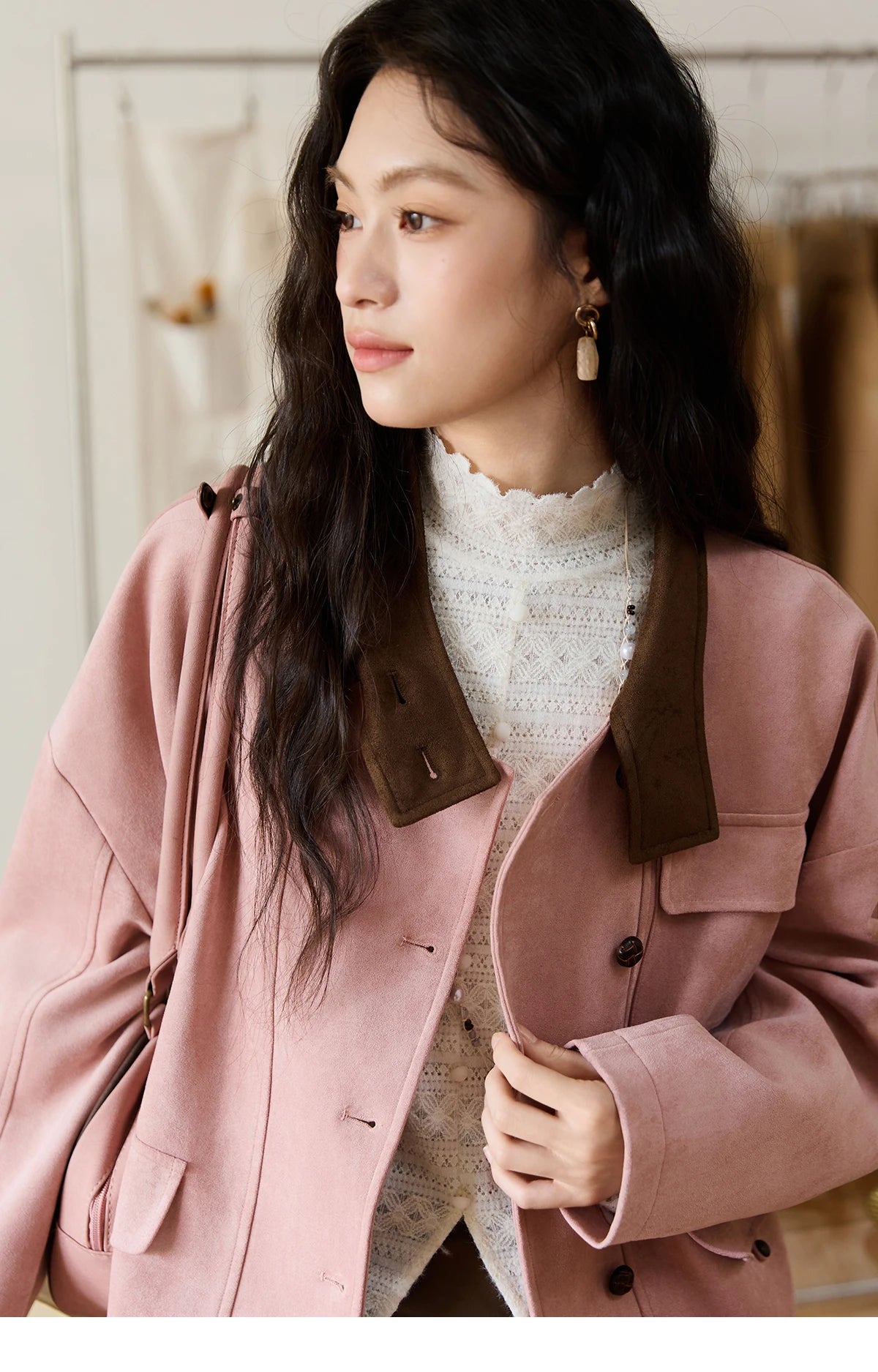 MISHOW Pink Coffee Suede Jacket Stand Collar Contrast Color MXE48W0851
