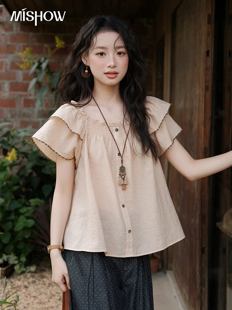 MISHOW Butterfly Sleeve Blouse Square Neck Button Loose MXE37X1854
