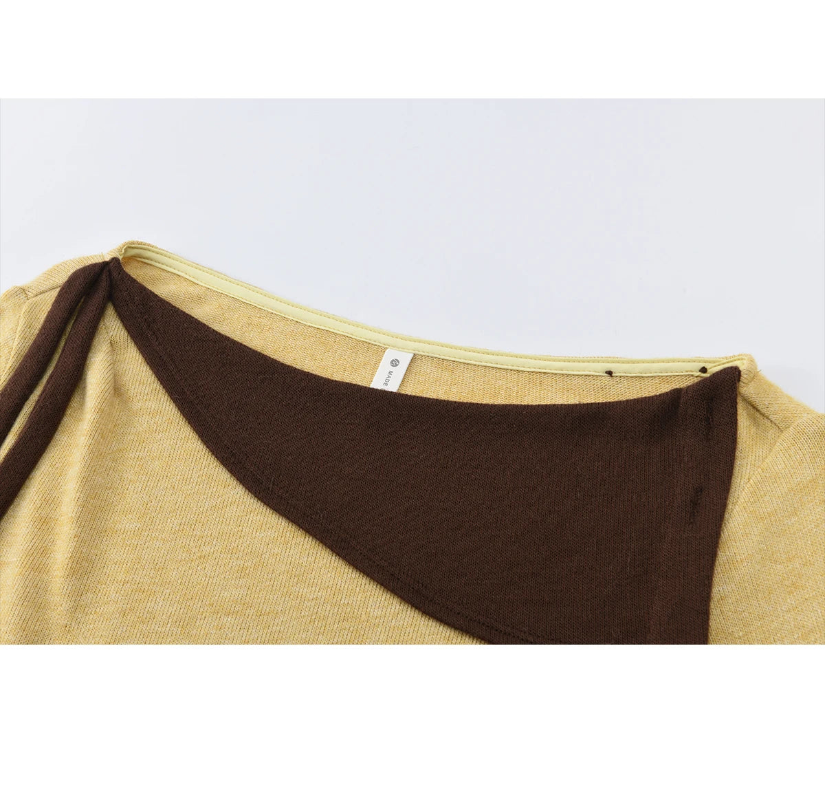 Mishow Yellow Brown Contrast Oblique Collar Knit Top MXF11Z2911