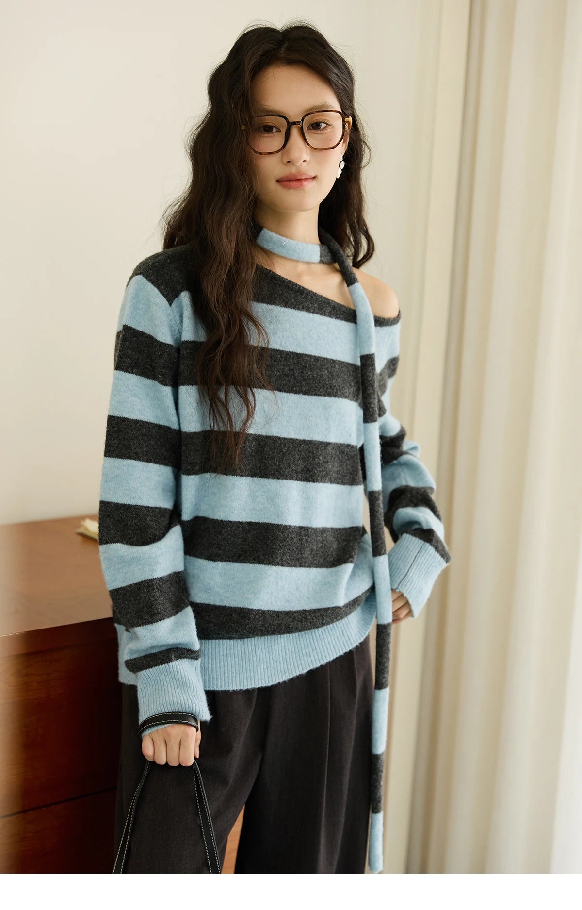 Mishow Blue Gray Slanted Shoulder Ribbon Sweater MXE46Z2540