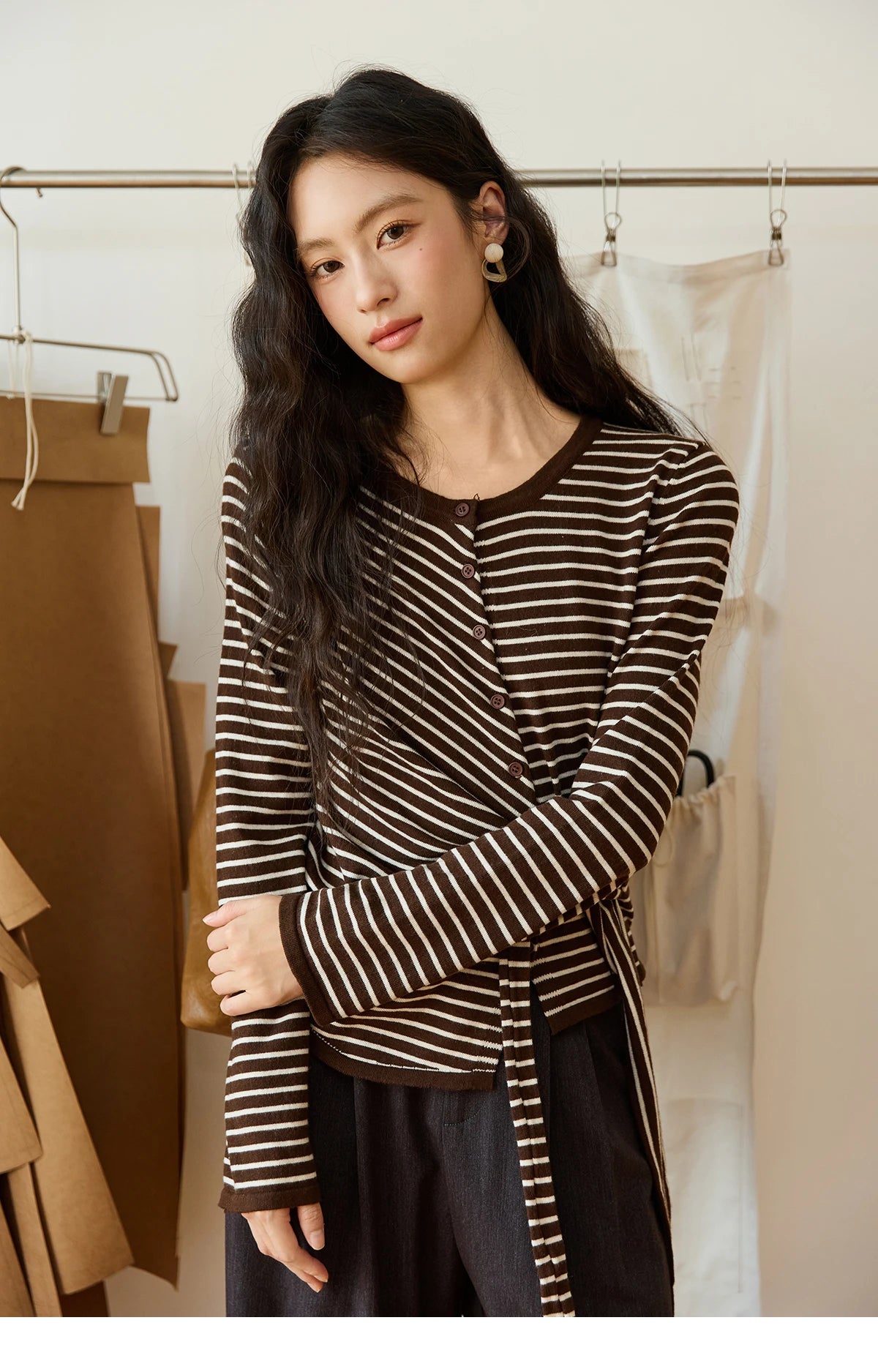 Mishow Coffee Striped Knitted Cardigan Sweater MXE46Z2537