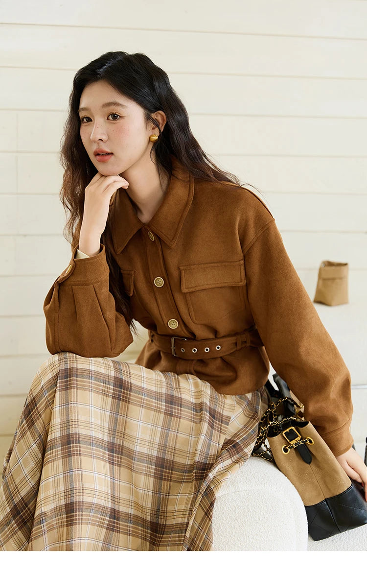 MISHOW Brown Lapel Jacket Metal Button Decorated Windproof MXE46W0864