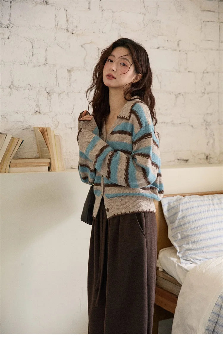 Mishow Retro Striped V-Neck Wool Cardigan MXE87Z2681