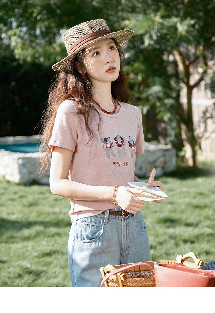 Mishow Little Bear Embroidery Round Neck Tee MXE39T0699