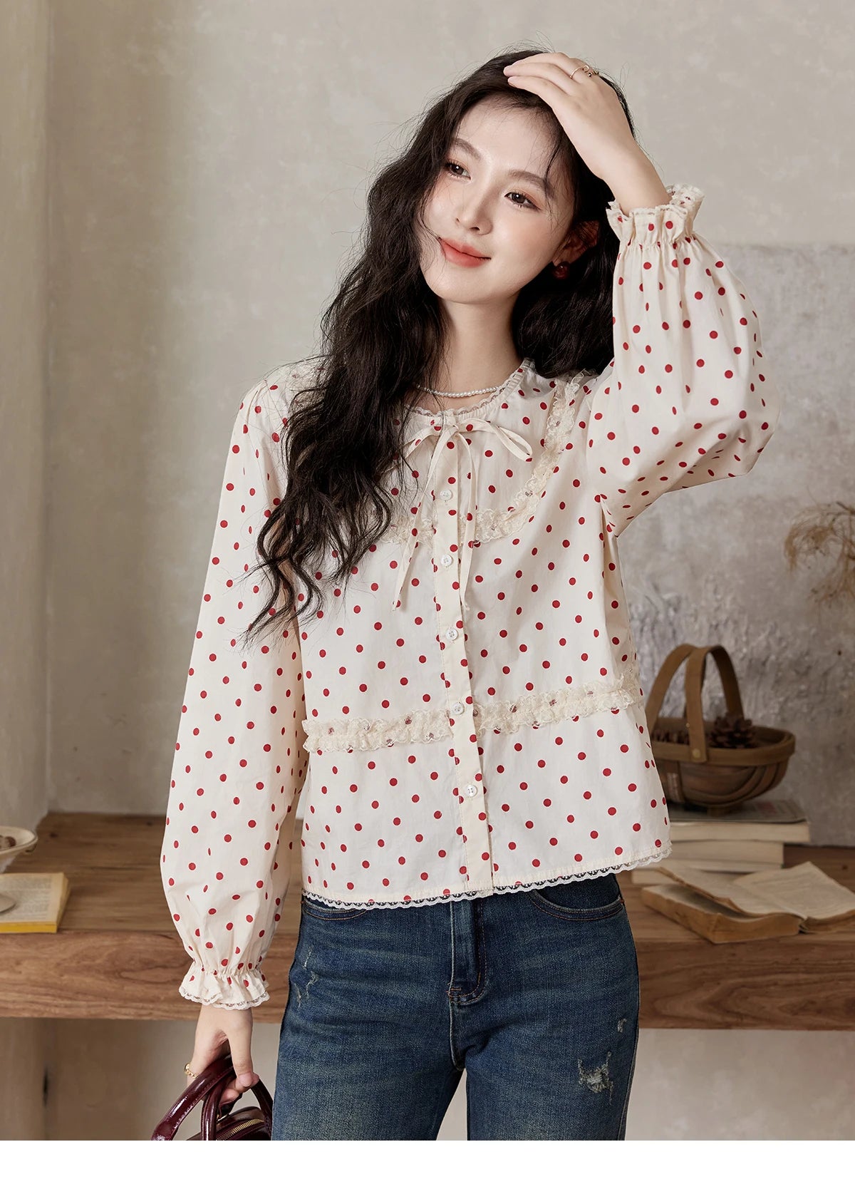 MISHOW Lace Up Polka Dot Round Neck Lace Shirt Elastic Petal Cuffs MXD44X1667