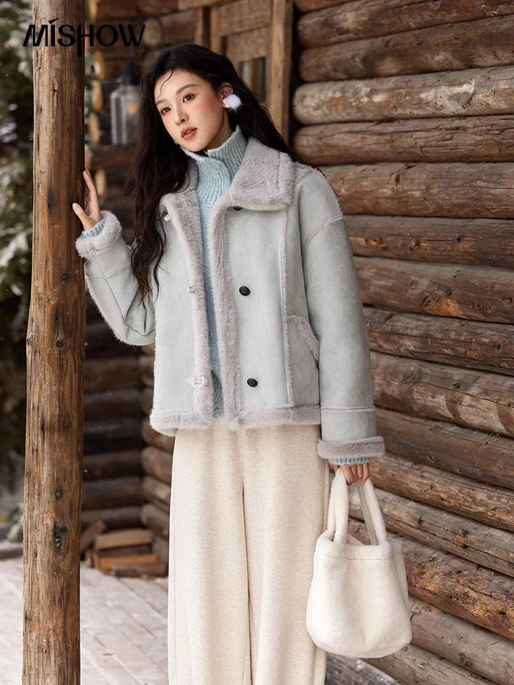 Mishow Suede Plush Fur Collar Jacket with Bag MXD57W0737