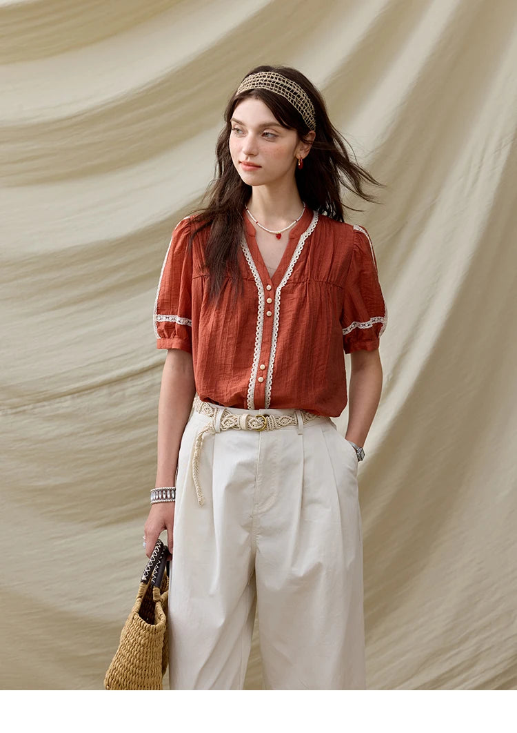 MISHOW French Blouse Women V-Neck Short Sleeve Color Matching Shirt MXE31X1766