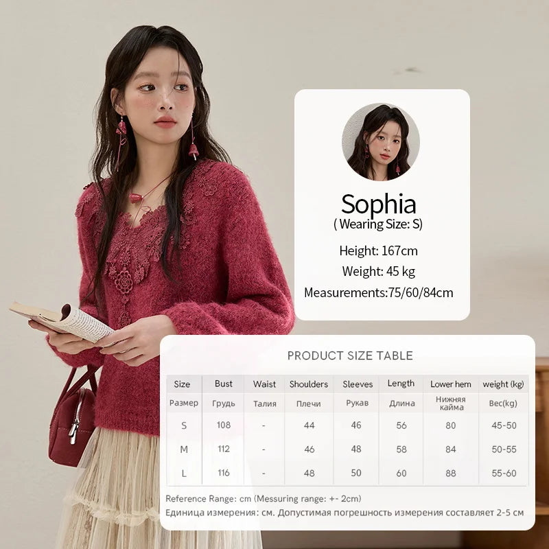Mishow Pink Lace Wool V-Neck Lantern Sleeve Pullover MXE51Z2632