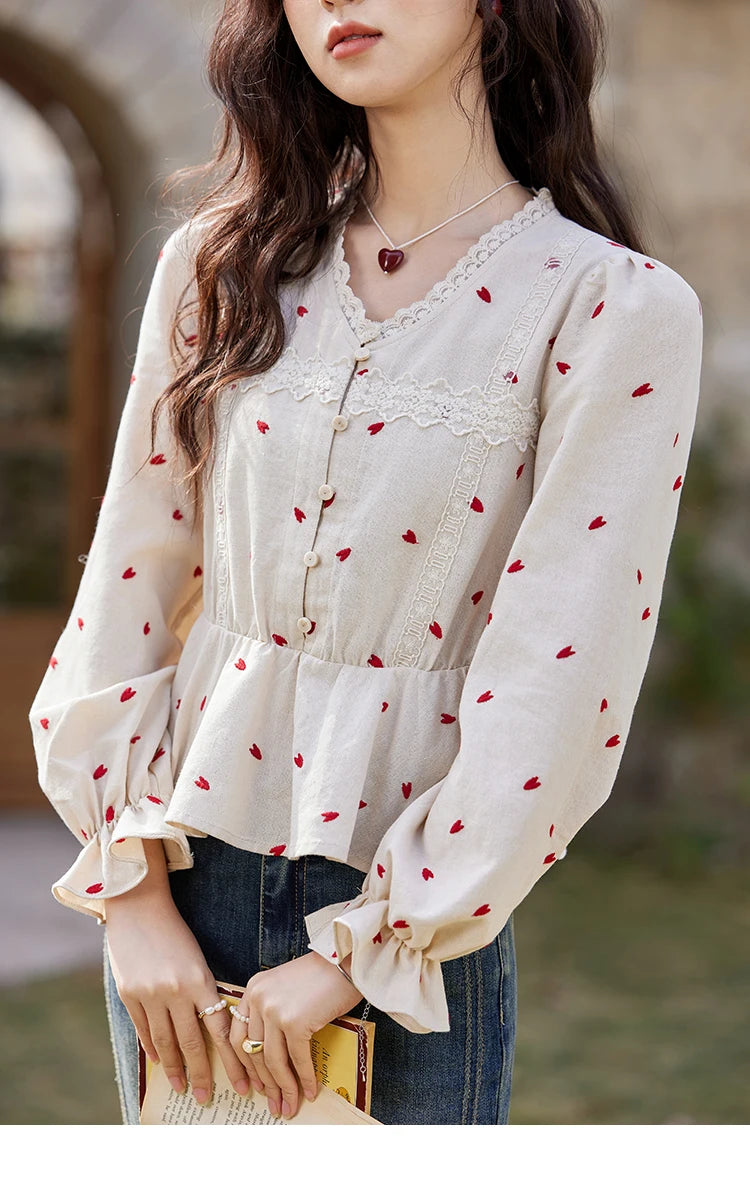 MISHOW Love Embroidered V-Neck Blouse Waist Ruffle MXE13X1700