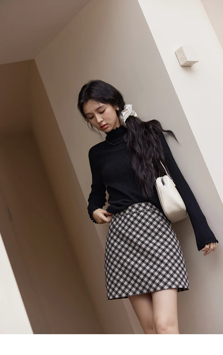 Mishow Ruffled Edge High Collar Slim Knit Top MXD48Z0850