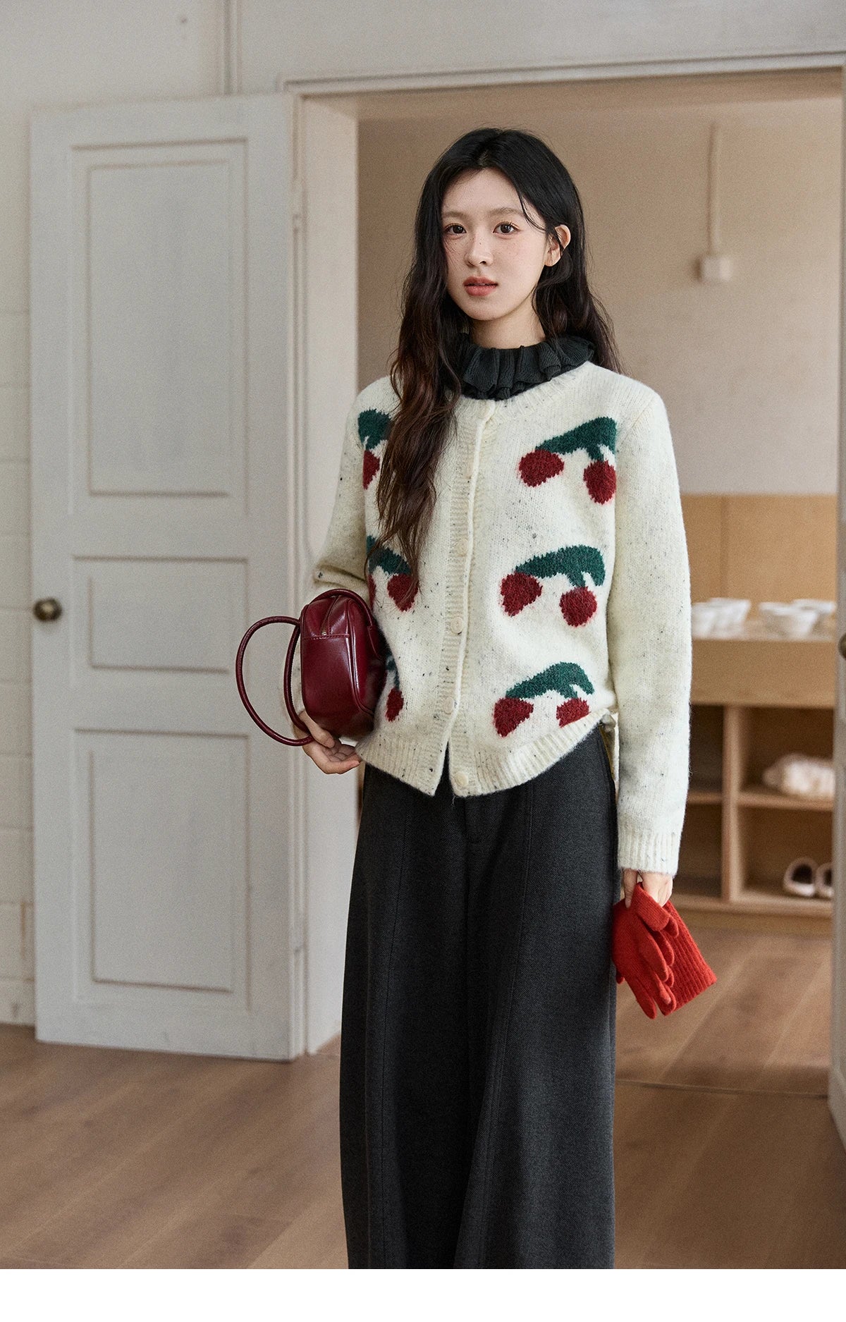 Mishow Cherry Jacquard Flecked Drop Shoulder Cardigan MXE91Z2837