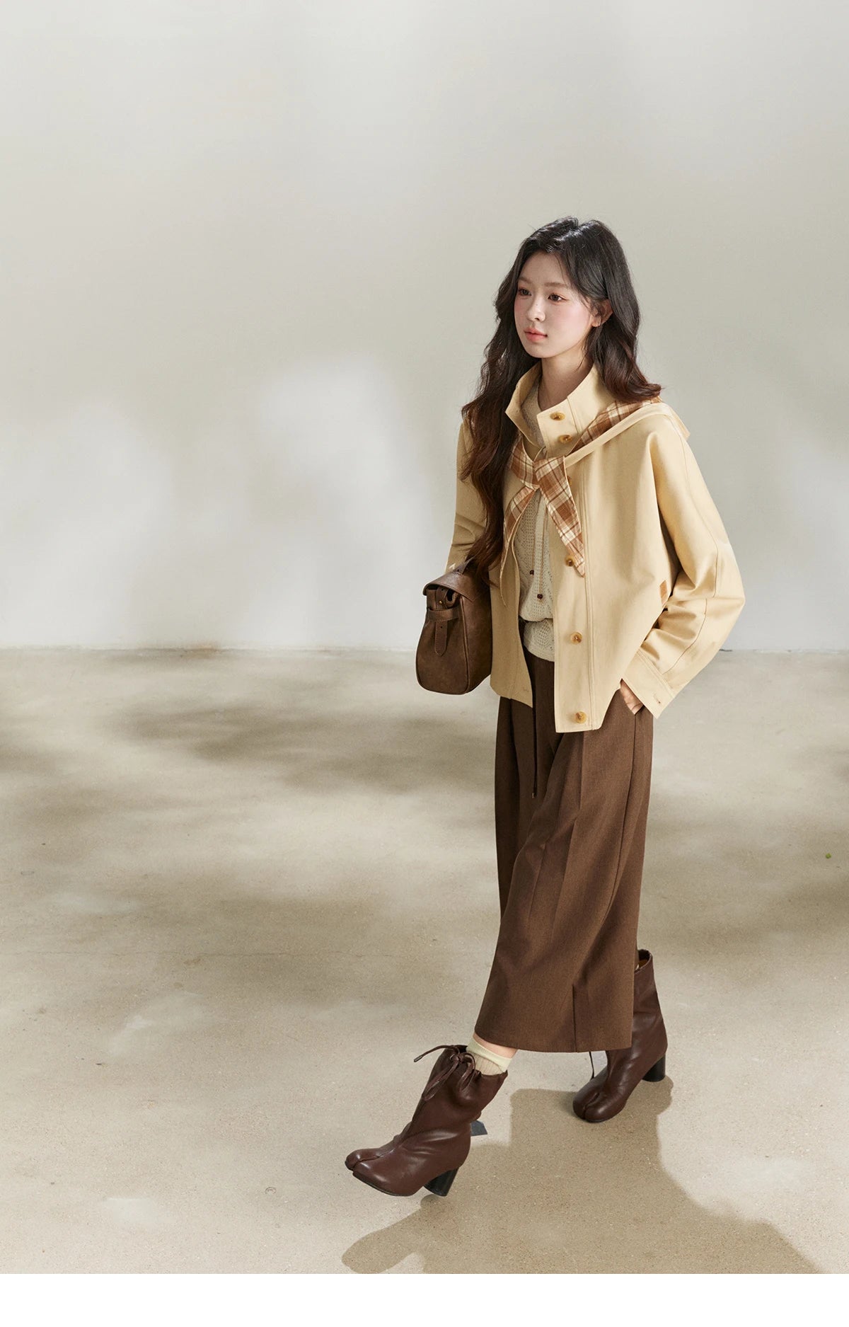 MISHOW Khaki Cropped Trench Coat Lapel Stand Collar MXF108W1003