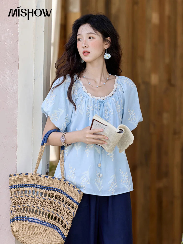 MISHOW Blue Cotton Embroidered Blouse Wave Edged O-Neck MXE35X1791