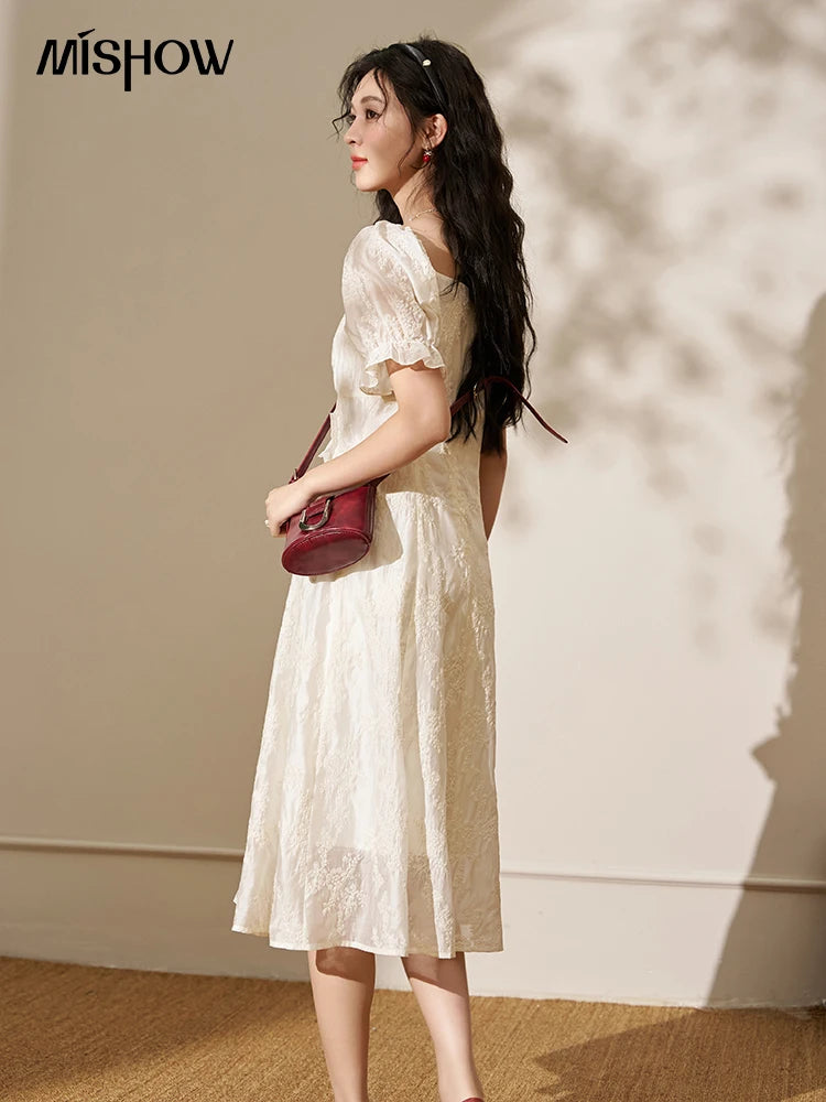 Mishow Square Neck Vertical Stripe Ruffle Dress MXD27L1808