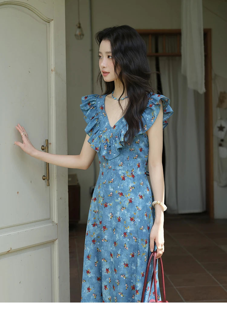 MISHOW Floral V-Neck Lace-Up Flying Sleeve Dress MXE39L2436