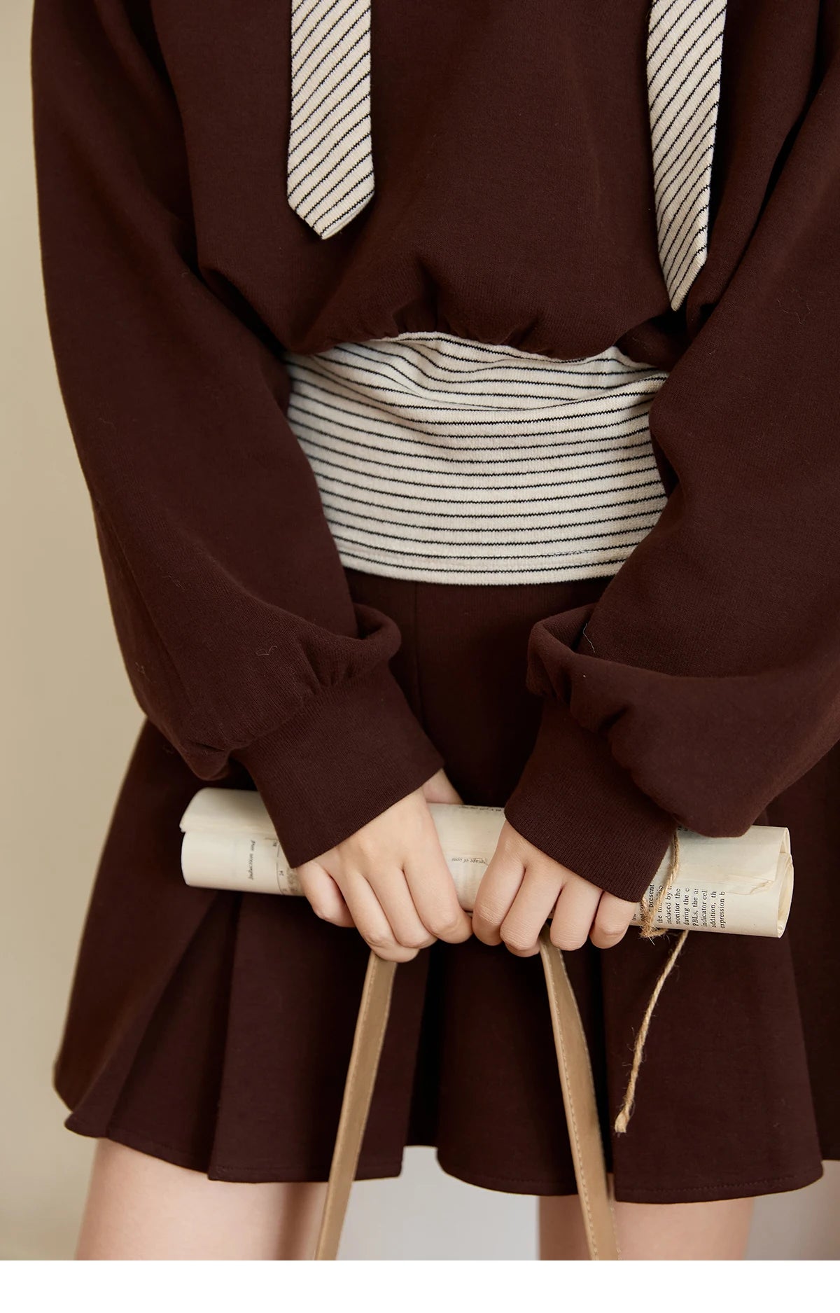 Mishow Retro Brown V-Neck Sweatshirt & Pleated Skirt Suit MXE47T1415