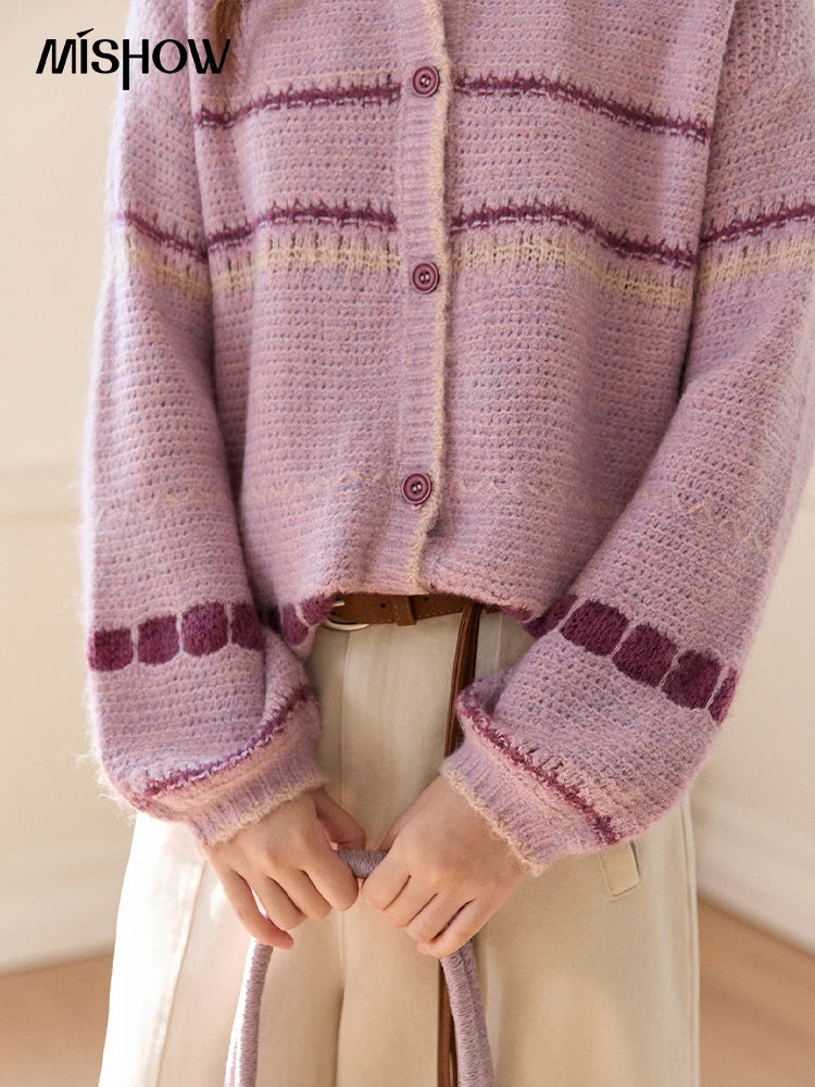 Mishow Lilac Striped Dot Crew Neck Cardigan MXF11Z2897