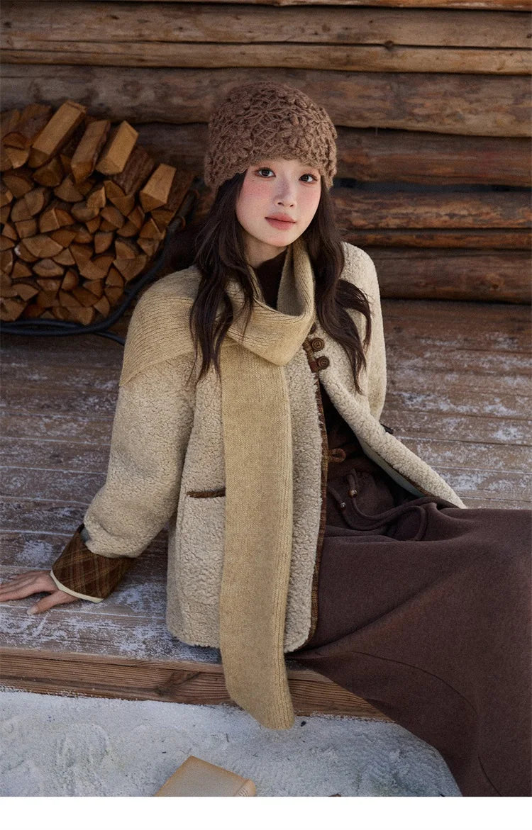Mishow Plaid Patchwork Lamb Wool Round Neck Coat MXE90W0923