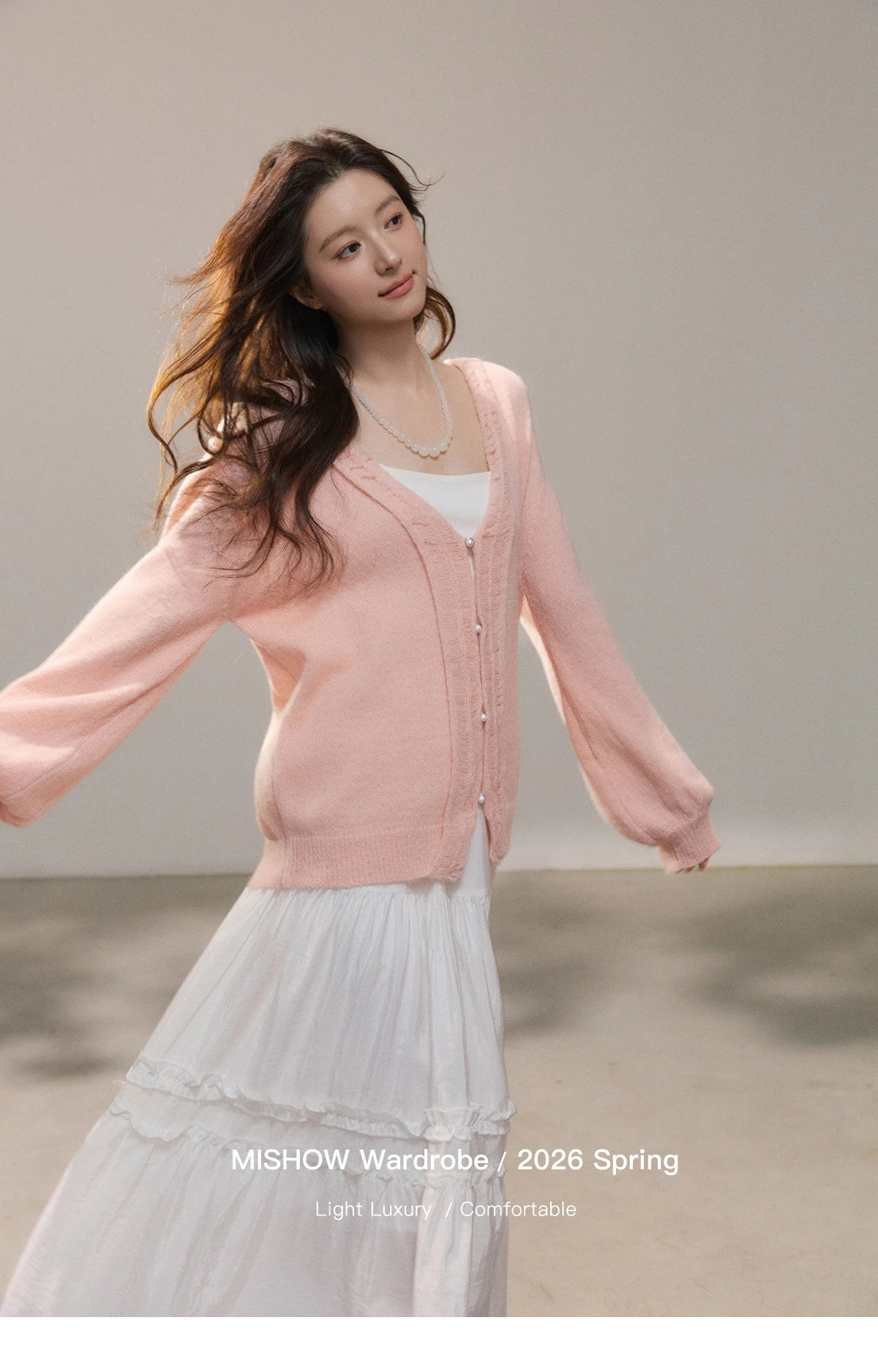 Mishow Pink Ruffled Pearl Button V-Neck Cardigan MXF108Z1028