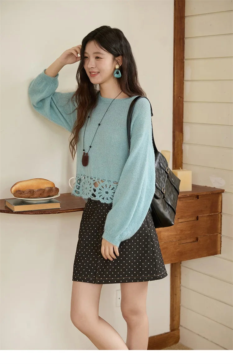Mishow French Hollow Out Floral O-Neck Sweater MXE44Z2491