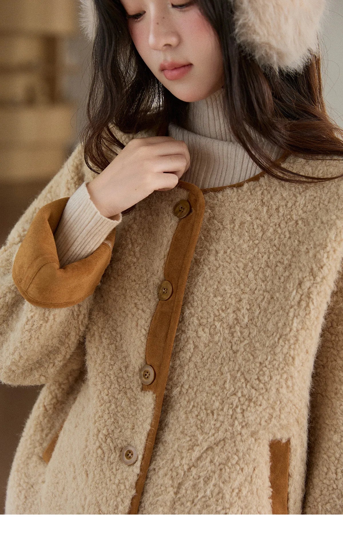 Mishow Lamb Wool Jacket with Color Block Knitted Shawl MXE91W0969