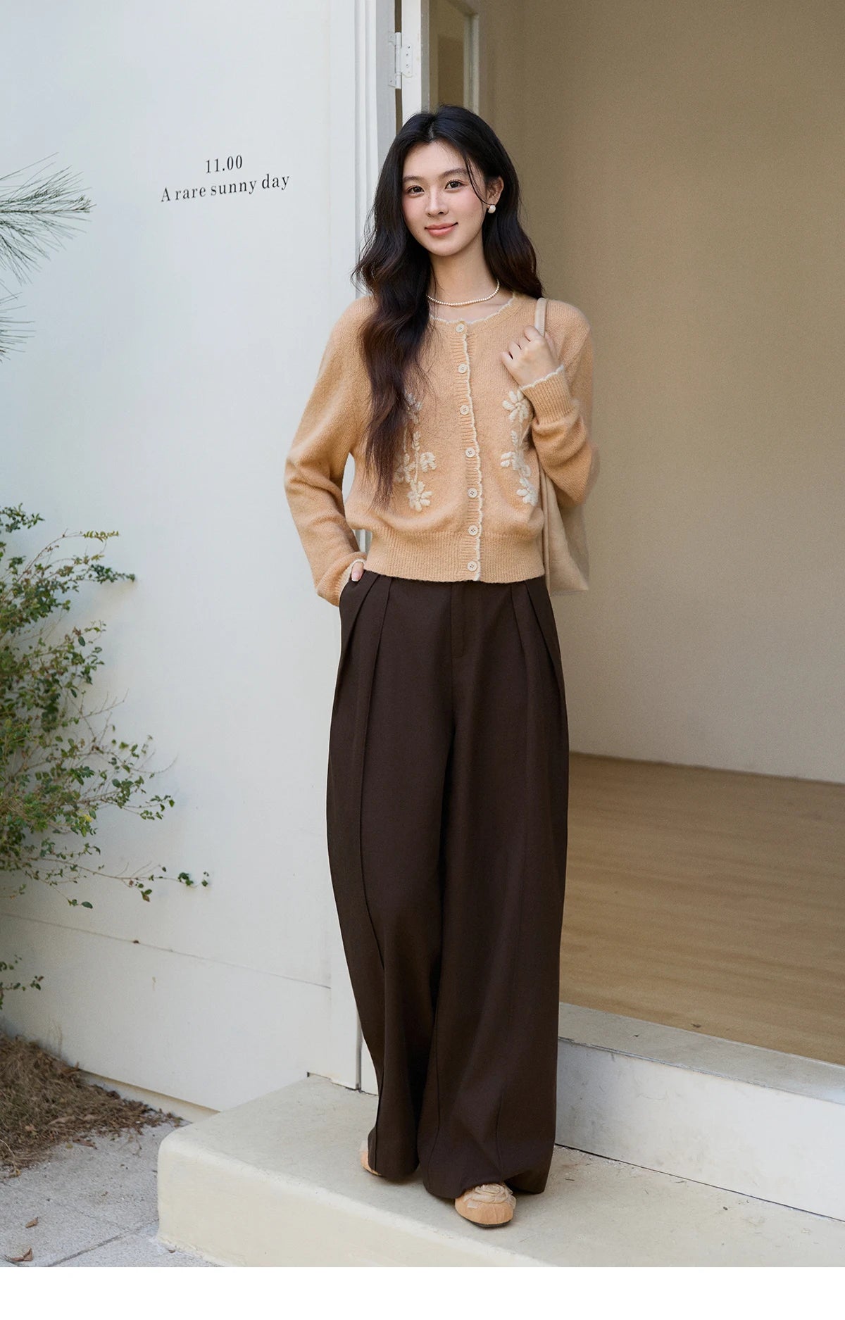 Mishow Camel Floral Embroidery Crew Neck Cardigan MXF11Z2896
