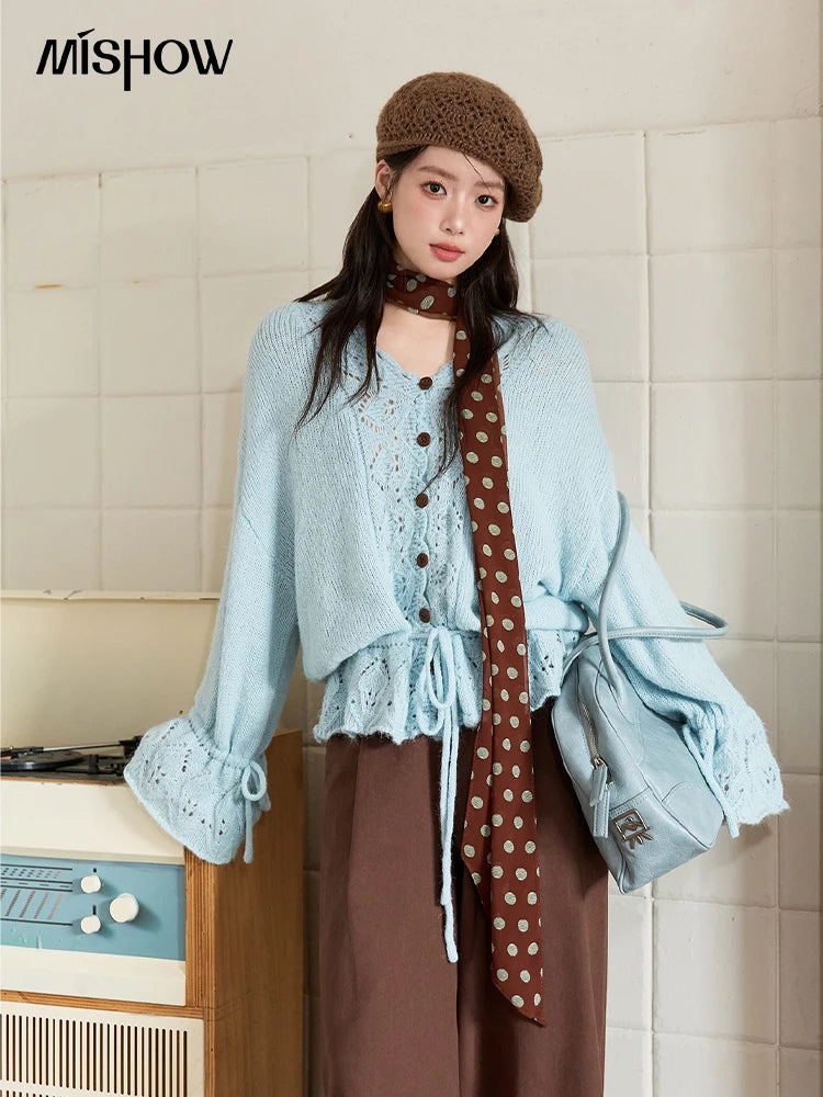 Mishow Hollow Knit V-Neck Flared Sleeve Cardigan MXE47Z2513