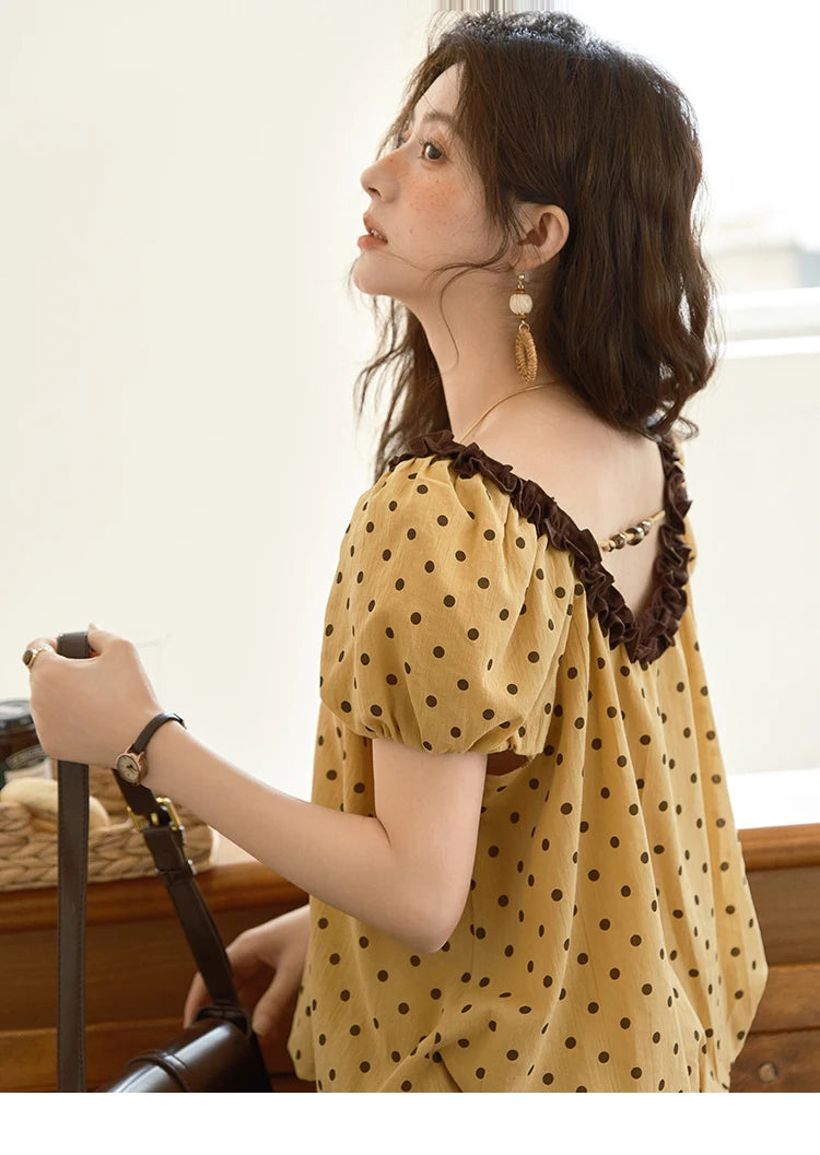 Mishow Polka Dot Puff Sleeve Top & Wide Leg Pants Set MXE39T0657