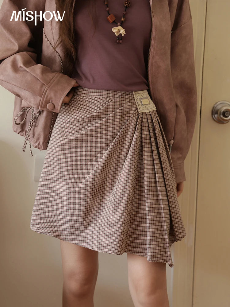 Mishow Purple Plaid Asymmetrical A-Line Skirt MXE45B2411