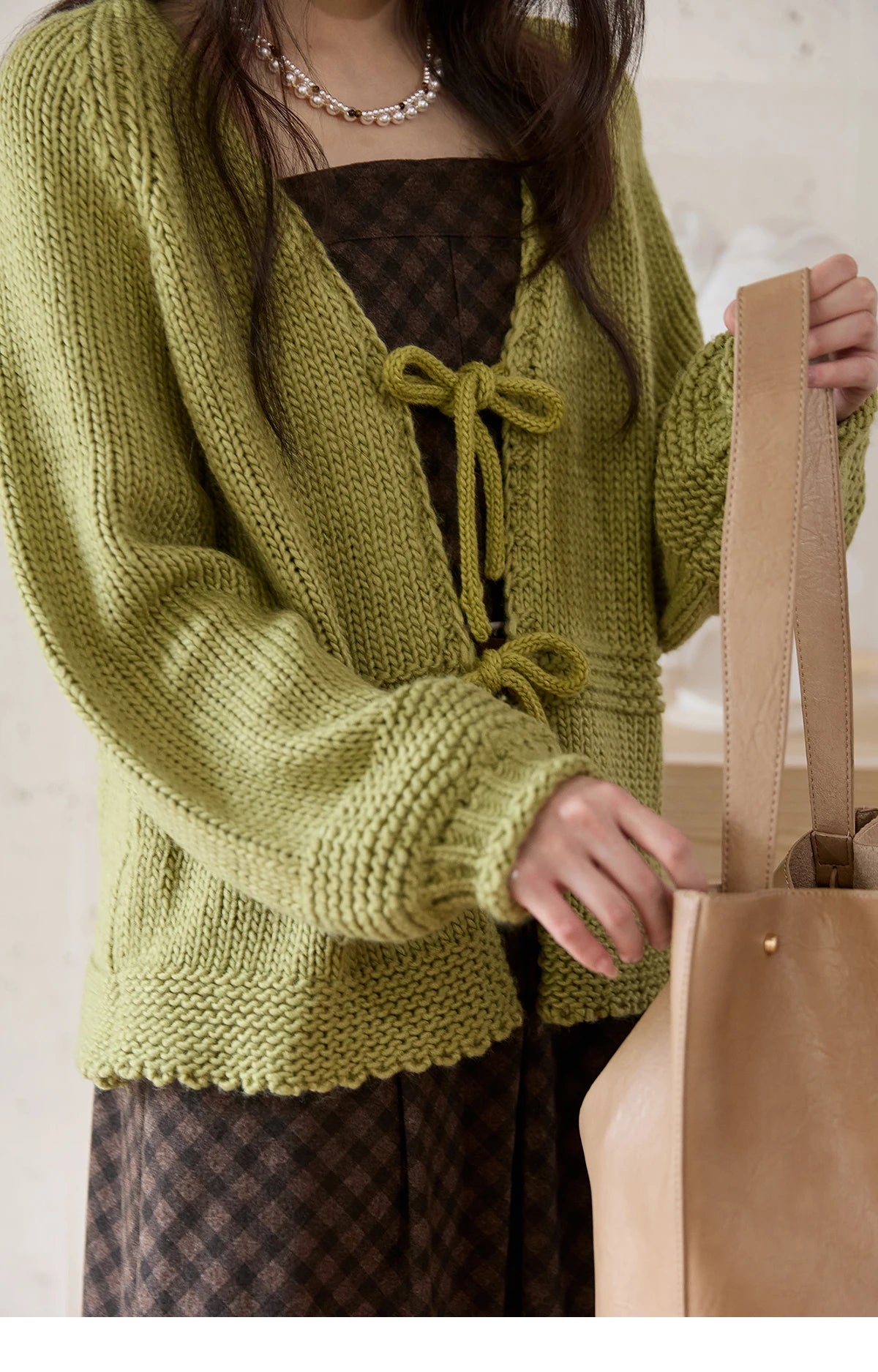 Mishow Avocado Green Lantern Sleeve Lace-Up Cardigan MXE51Z2694