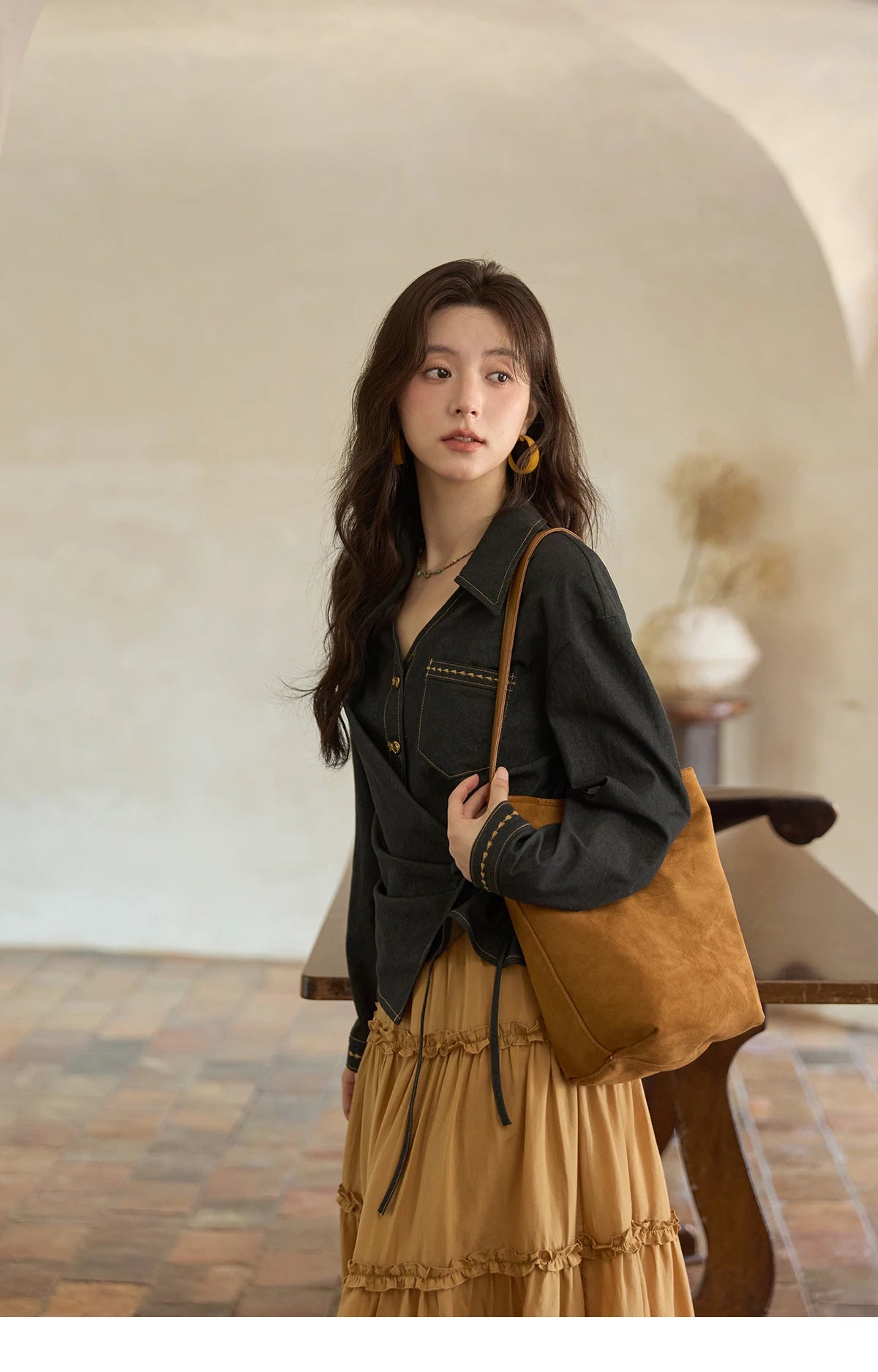 MISHOW Black Imitation Denim Shirt Side Lace-Up Lapel V-Neck MXE42C2374