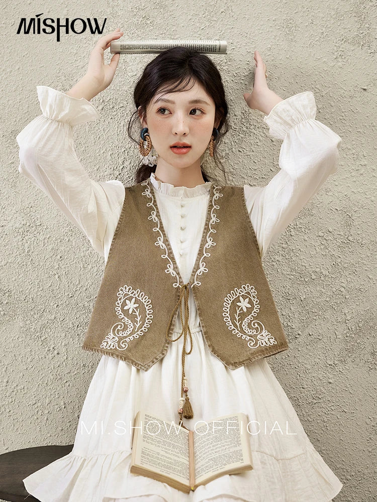 Mishow Solid Long Puff Sleeve Midi Dress & Print Denim Vest Set MXE16L2197