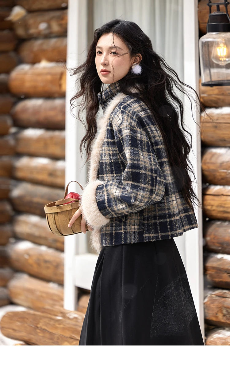 Mishow Vintage Plaid Fur Collar Stand Collar Jacket MXD36W0503