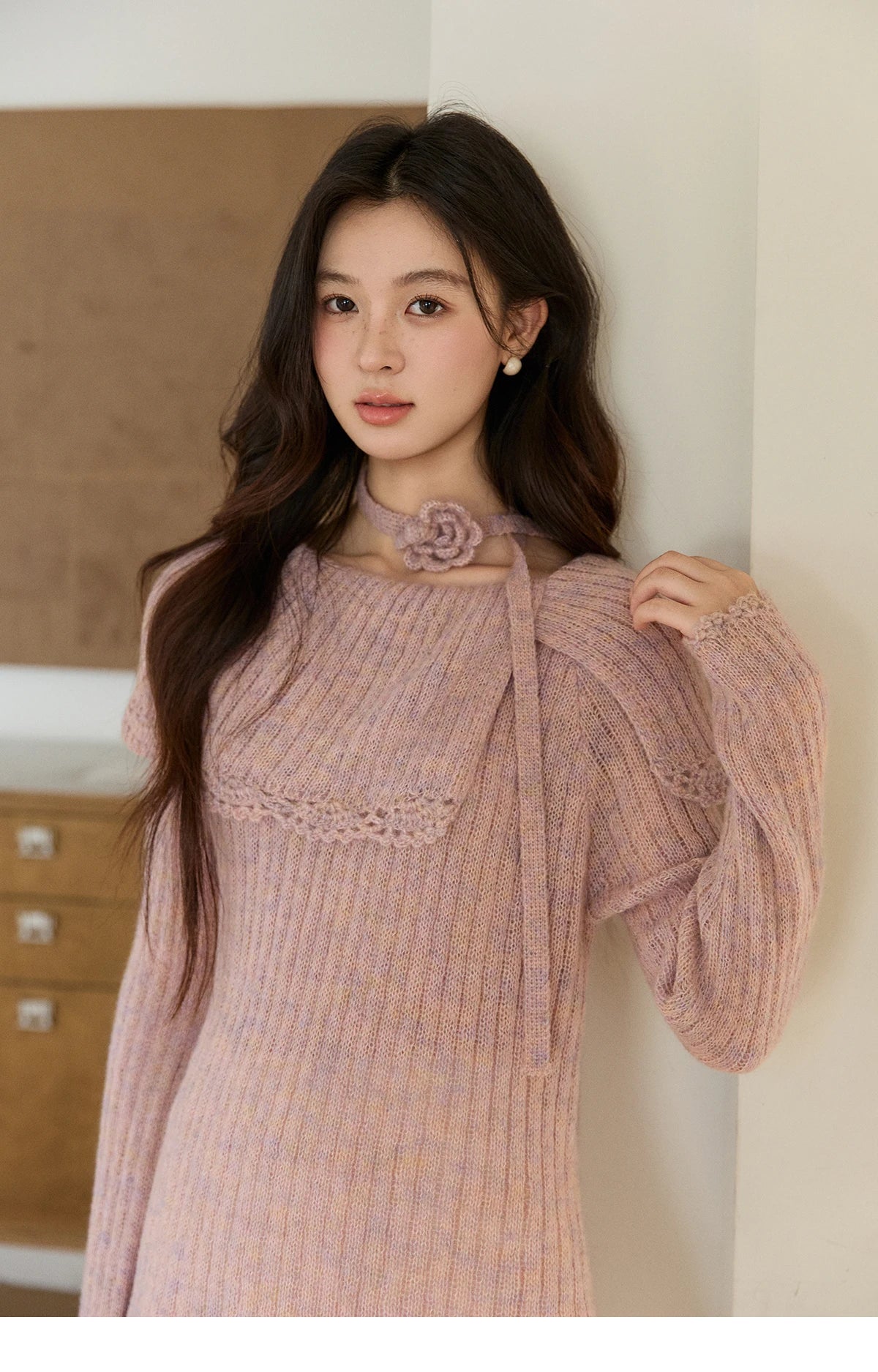 Mishow Pink Large Collar Lace Belted Pullover MXF11Z2901