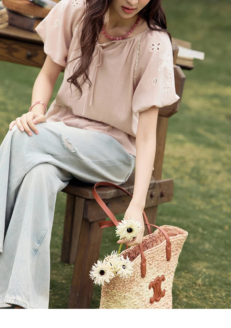 MISHOW Puff Sleeve Blouse Round Neck Hollow Embroidery MXE31X1747