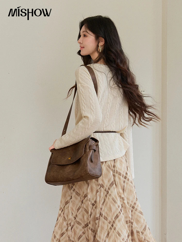 Mishow Beige V-Neck Lace-Up Cable Knit Sweater MXF108Z1029
