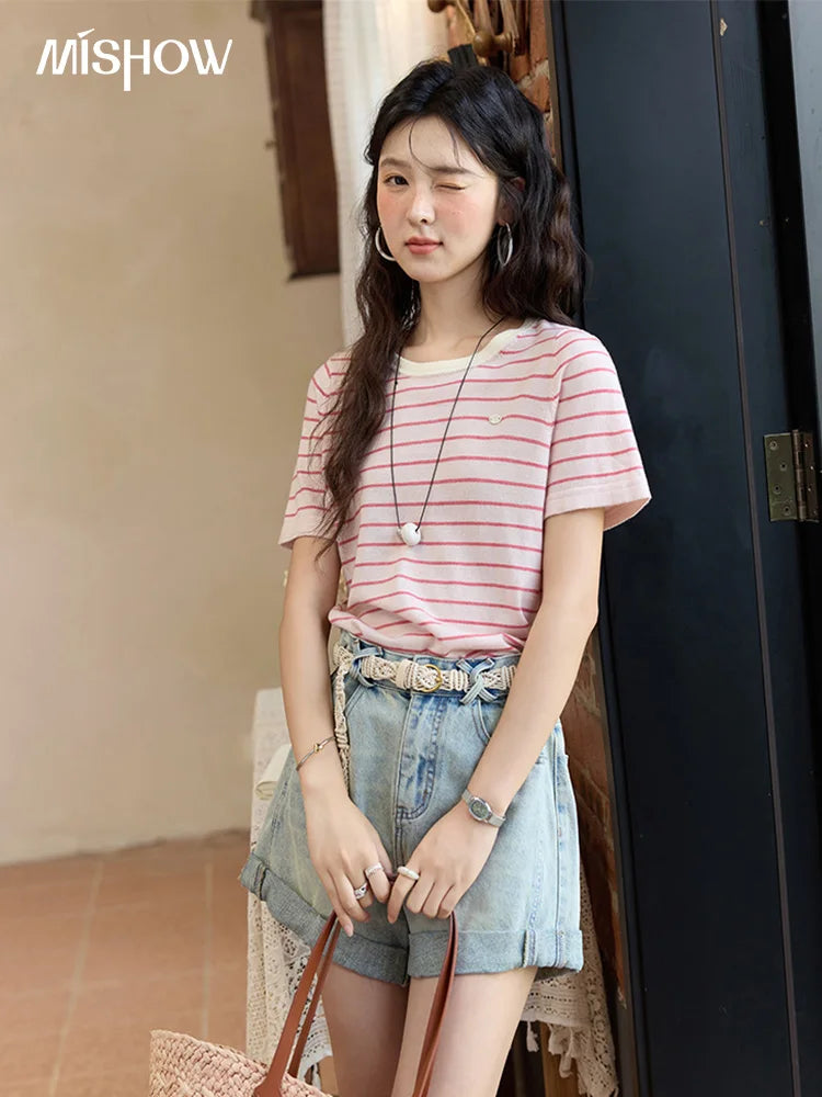 Mishow Striped Contrast Round Neck Tee MXE35Z1270