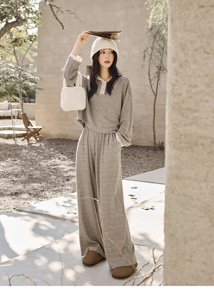 Mishow Lace Splicing Hooded Sweatshirt & Wide Leg Pants Set MXD34V0098
