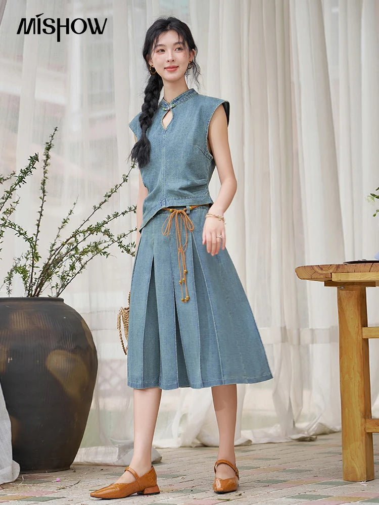 Mishow Chinese Stand Collar Vest & Pleated Denim Skirt Set MXD21X1465