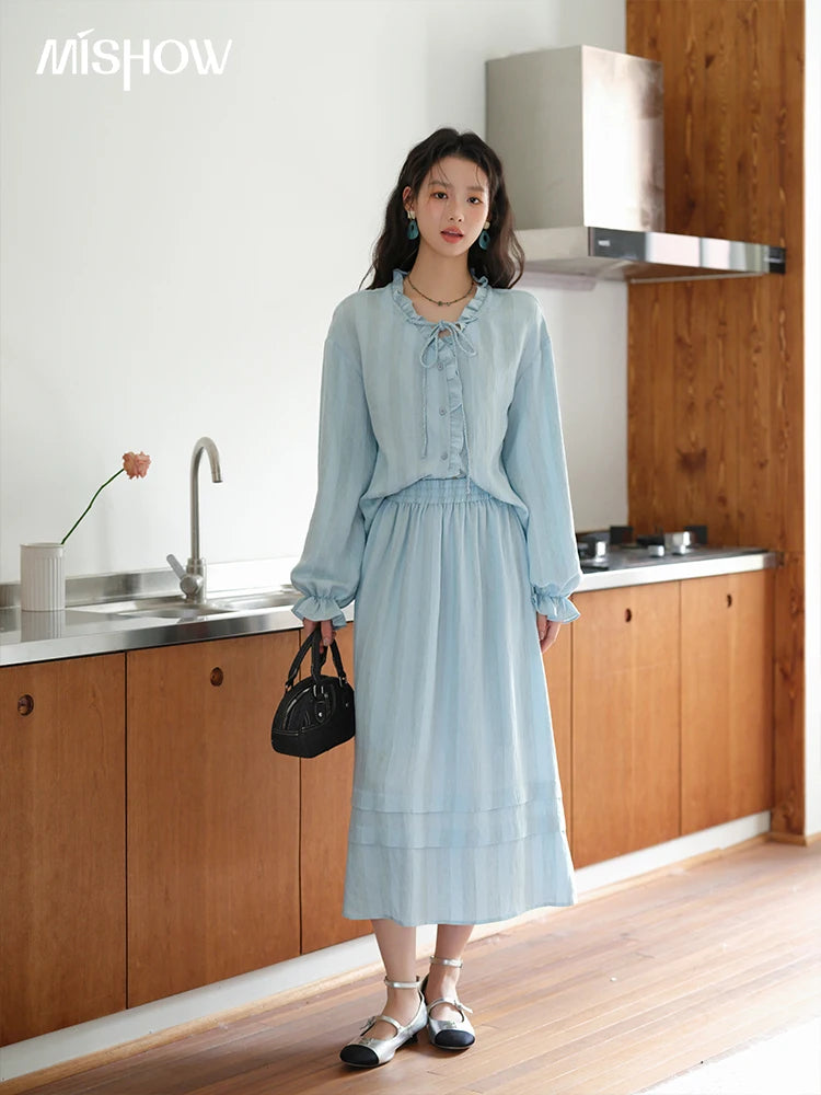 Mishow Light Blue Linen V-Neck Lace-Up Shirt & Elastic Skirt Set MXE41T0700