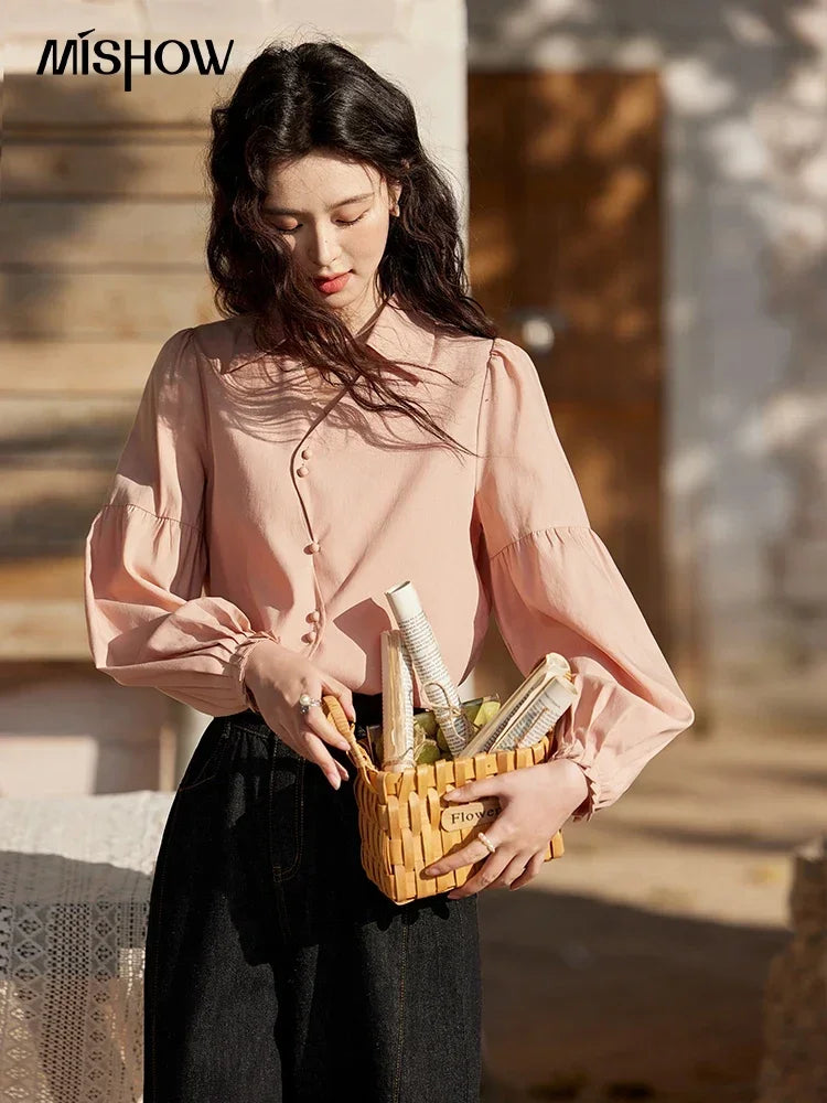 MISHOW French Polo Neck Long Sleeve Shirt Solid Casual MXE11C0388