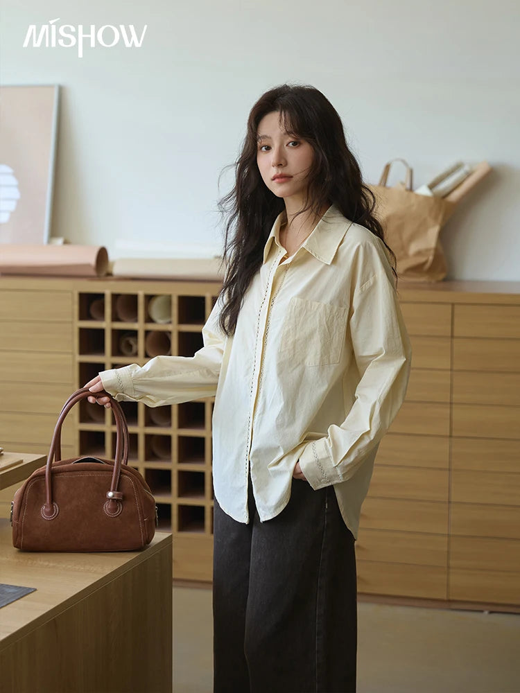 MISHOW Cotton Shirt Petal Ribbon Button Long Sleeve MXE41C2349