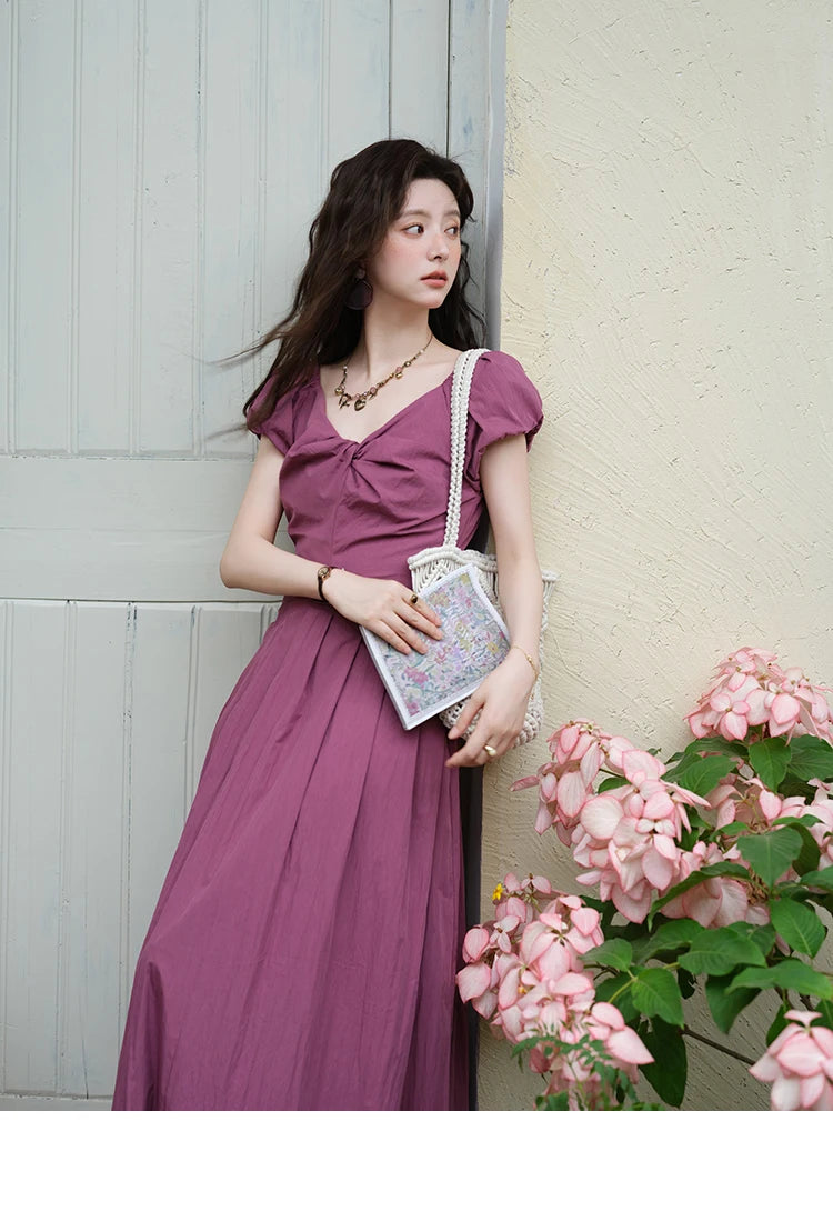 Mishow V-Neck Puff Sleeve Solid Vacation Dress MXE39L2384