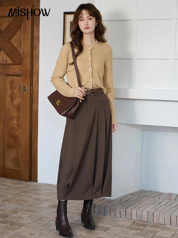 MISHOW Pleated Midi Skirt A-LINE Pockets Split Back Hem MXC42B0118