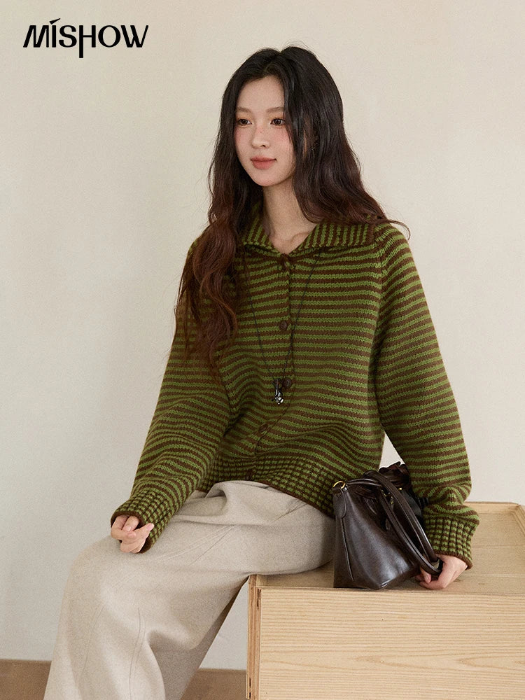 Mishow Striped Stand Collar Raglan Cardigan MXE88Z2690