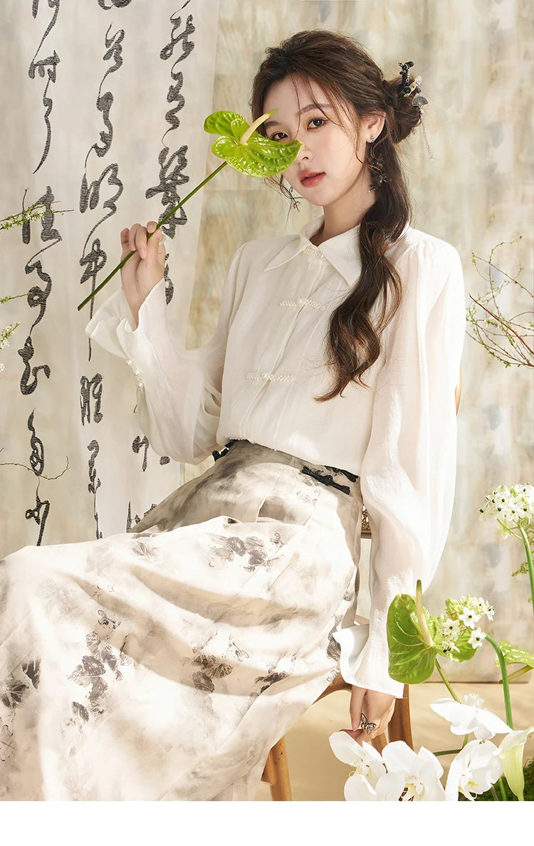 MISHOW Chinese Lapel Shirt Pearl Embellishments Petal Sleeve MXD11X1344