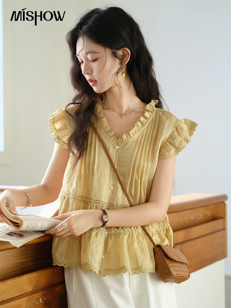 MISHOW Wood Ear V-Neck Shirt Flying Sleeve Wrinkle Spliced MXE37X1908