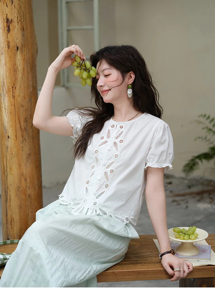 MISHOW 100% Cotton Hollow Embroidery Round Neck Puff Sleeve MXE39X1938