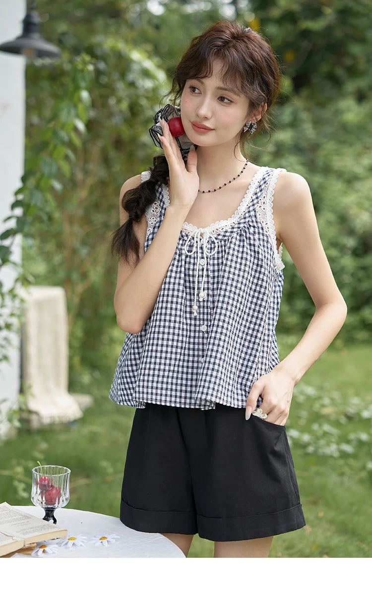MISHOW Lace Plaid Suspender Vest U Neck Sleeveless MXD26X1567